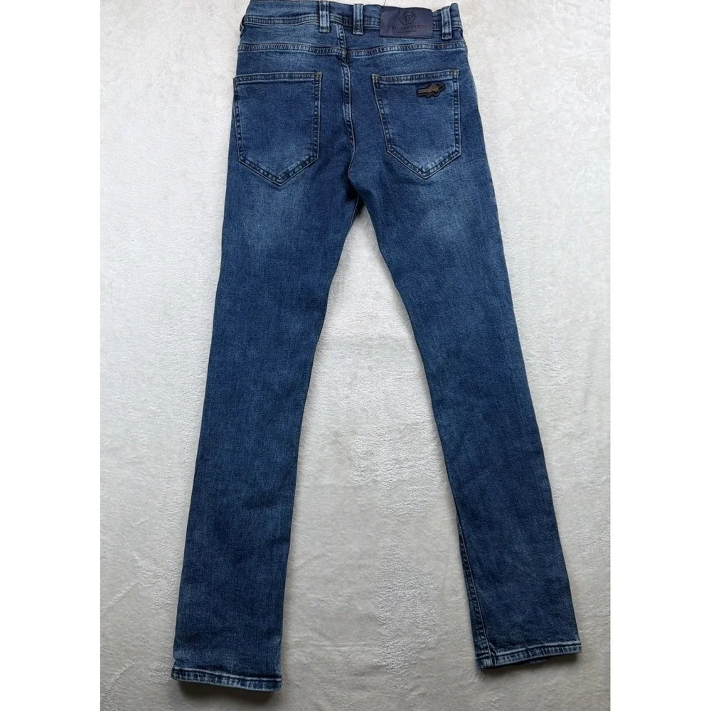 Philipp Plein Mens Jeans 30x34 Blue Slim Straight Logo Designer Denim Luxury